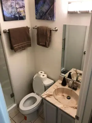 a bathroom with a sink and a toilet and a mirror at True Ski in out Large 2 bdrm Mtn Views 4 beds in Kirkwood