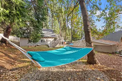 a blue hammock hanging from a tree in a yard at Luxury Cabin in Budget-Hot Tub -Apple Hills-Tahoe in Pollock Pines