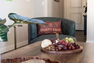 a tray of fruit on a table in a living room at Dusty Sage Hollow in Fernley