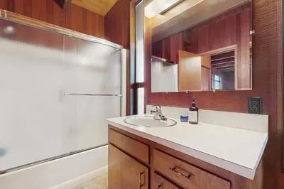 a bathroom with a sink and a shower at Alpenglow at Dollar Point in Dollar Point