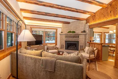 a living room with couches and a fireplace at Cedar Cottage in Homewood