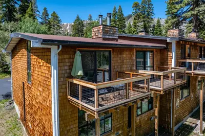 an aerial view of a house with decks at Alpine Meadows Basecamp in Alpine Meadows