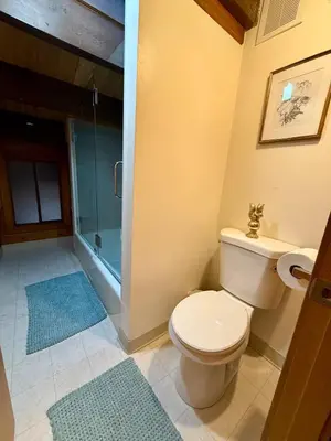 a bathroom with a toilet and a glass shower at Three Bears Getaway Tahoe in Kings Beach