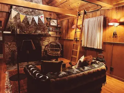 a living room with a couch and a cat sitting on it at Campo Carnelian in Carnelian Bay