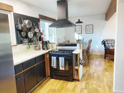 a kitchen with a stove and a counter top at Cozy Woodworker's Cabin, 26 miles to Yosemite! in Midpines