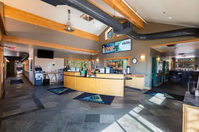 a fast food restaurant with a counter in a room at Alder Creek Paradise Tree-lined Cabin Stay for 7 in Truckee