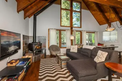 a living room with a couch and a fireplace at Alder Creek Paradise Tree-lined Cabin Stay for 7 in Truckee