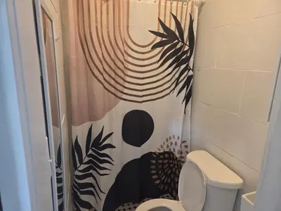 a bathroom with a shower curtain with a toilet at La Lomas Bohemian Courtyard Cottage in Modesto