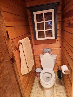 a bathroom with a toilet in a wooden cabin at Peaceful Mountain Cabin with Private Lake and Game Room Near Long Barn, California in Long Barn