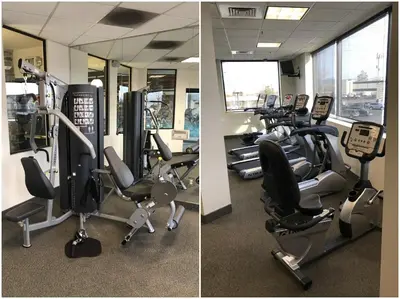 two pictures of a gym with treadmills and exercise bikes at Carson Valley Inn in Minden