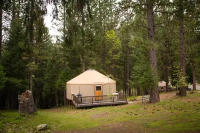 a yurt in the middle of a forest at Yosemite Lakes Hillside Yurt 14 in Harden Flat