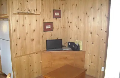 a room with a wooden wall with a computer on a desk at Yosemite Lakes Cabin 37 in Harden Flat