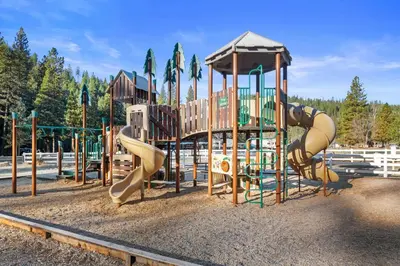 a playground with a slide and a slideintend at Yosemite Lakes Cabin & Cottages in Harden Flat