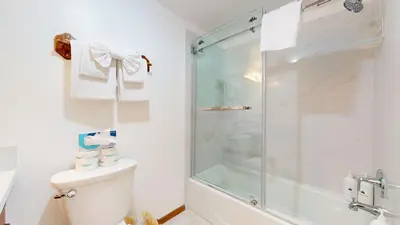 a bathroom with a shower and a toilet at Mammoth Reservations in Mammoth Lakes