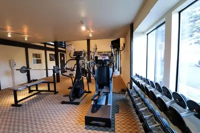 a gym with treadmills and machines in a room at Summit 34 Apartment in Mammoth Lakes
