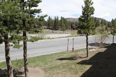 a view of a street with a fire hydrant between two trees at Summit 55 Apartment in Mammoth Lakes