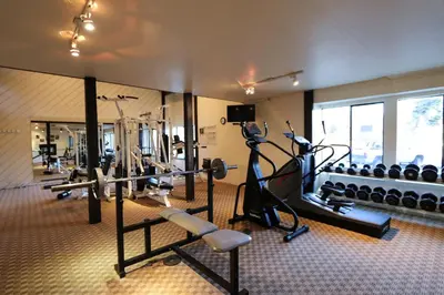 a gym with treadmills and exercise bikes in a room at Summit 81 Apartment in Mammoth Lakes