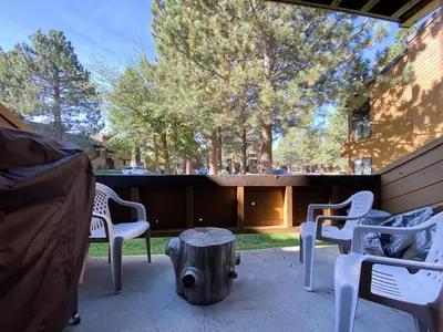 a group of chairs and a table and a tree stump at Wild Flower 39 Apartment in Mammoth Lakes