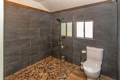 a bathroom with a toilet and a shower at Miner's Camp in Foresthill