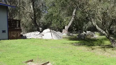 a yard with some rocks and trees and grass at Little Valley Inn in Mariposa