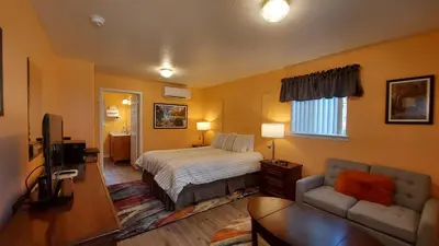 a bedroom with a bed and a couch and a television at Little Valley Inn in Mariposa