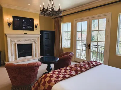 a bedroom with a fireplace and a bed and a tv at Villa Arden Hills in Sacramento