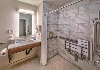 a bathroom with a sink and a shower at Holiday Inn Express Reno Airport by IHG in Reno