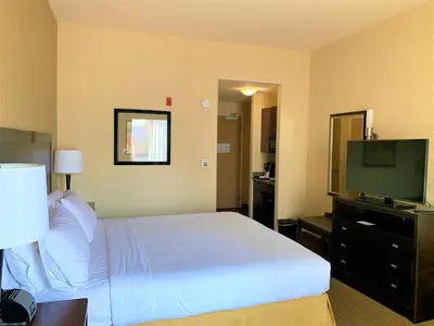 a hotel room with a bed and a flat screen tv at Holiday Inn Express Fresno Northwest - Herndon by IHG in Herndon