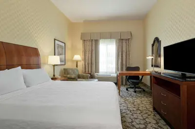 a hotel room with a bed and a desk and a television at Hilton Garden Inn Sacramento Elk Grove in Elk Grove