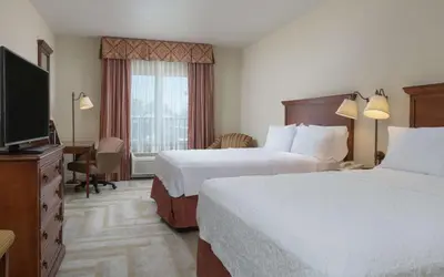 a hotel room with two beds and a flat screen tv at Hampton Inn & Suites Lodi in Lodi