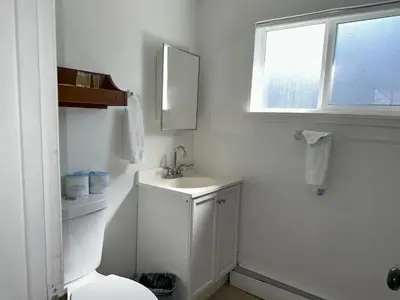 a white bathroom with a toilet and a sink at Alpine Inn & Spa in South Lake Tahoe