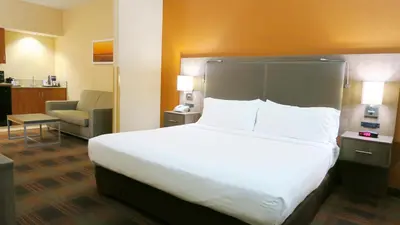 a hotel room with a large bed and a chair at HOLIDAY INN EXPRESS & SUITES ELK GROVE CENTRAL - HWY 99 by IHG in Elk Grove