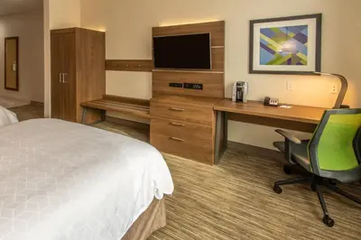 a hotel room with a bed and a desk and a television at Holiday Inn Express Hotel & Suites Roseville - Galleria Area by IHG in Roseville