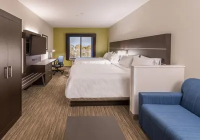 a hotel room with a bed and a tv and a couch at Holiday Inn Express Hotel & Suites Minden by IHG in Minden