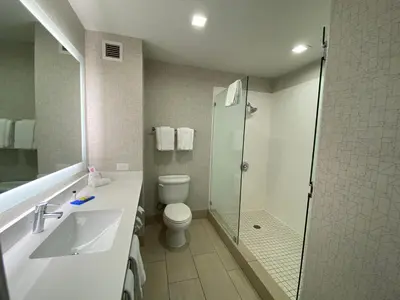 a bathroom with a shower and a toilet and a sink at Holiday Inn Express Hotel & Suites El Dorado Hills by IHG in El Dorado Hills