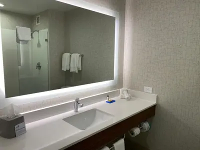 a bathroom with a sink and a large mirror at Holiday Inn Express Hotel & Suites El Dorado Hills by IHG in El Dorado Hills