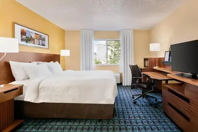 a hotel room with a bed and a desk and a television at Fairfield Inn by Marriott Roseville in Roseville