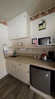 a kitchen with white cabinets and a sink and a microwave at Sequoia Lodge in Kernville