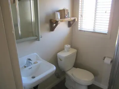a bathroom with a white toilet and a sink at Sequoia Lodge in Kernville