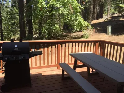 a grill and a picnic table on a deck at Alder Lodge in Yosemite West