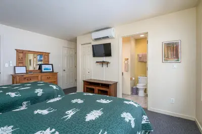 a bedroom with a bed with a green comforter and a television at Falcons Nest (Downstairs) in Yosemite West