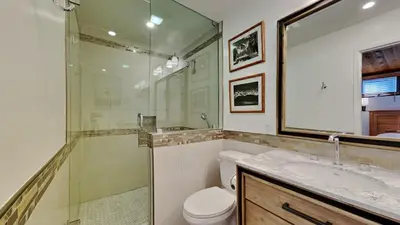 a bathroom with a toilet and a shower and a sink at Spacious 2 Bedroom Condo in Mammoth Lakes