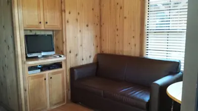 a living room with a couch and a television at Snowflower Camping Resort Cabin 4 in Emigrant Gap