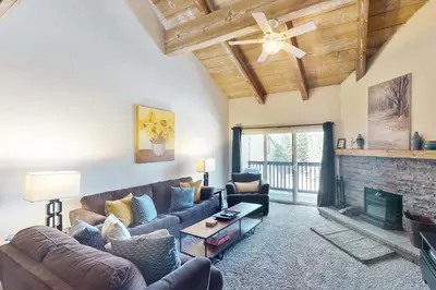 a living room with a couch and a fireplace at Courchevel 48 in Mammoth Lakes