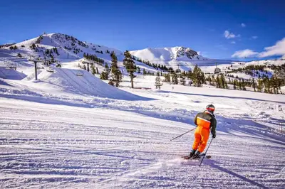 a person is skiing down a snow covered slope at Discovery 4 119 in Mammoth Lakes