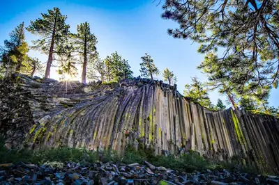 a wooden fence with trees on top of a hill at Eagle Run 107 in Mammoth Lakes