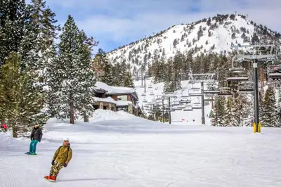 two people standing in the snow on a ski slope at Eagle Run 113 in Mammoth Lakes