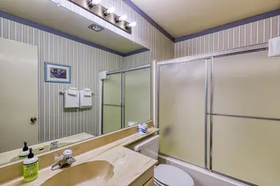 a bathroom with a shower and a sink at Mammoth Ski & Racquet 124 in Mammoth Lakes