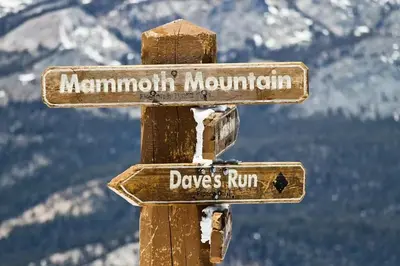 a wooden sign for a mountain summit and dogs run at Snowcreek 590 in Mammoth Lakes