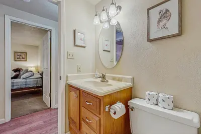 a bathroom with a sink and a toilet and a mirror at Charming Tahoe Chalet in Tahoe Valley